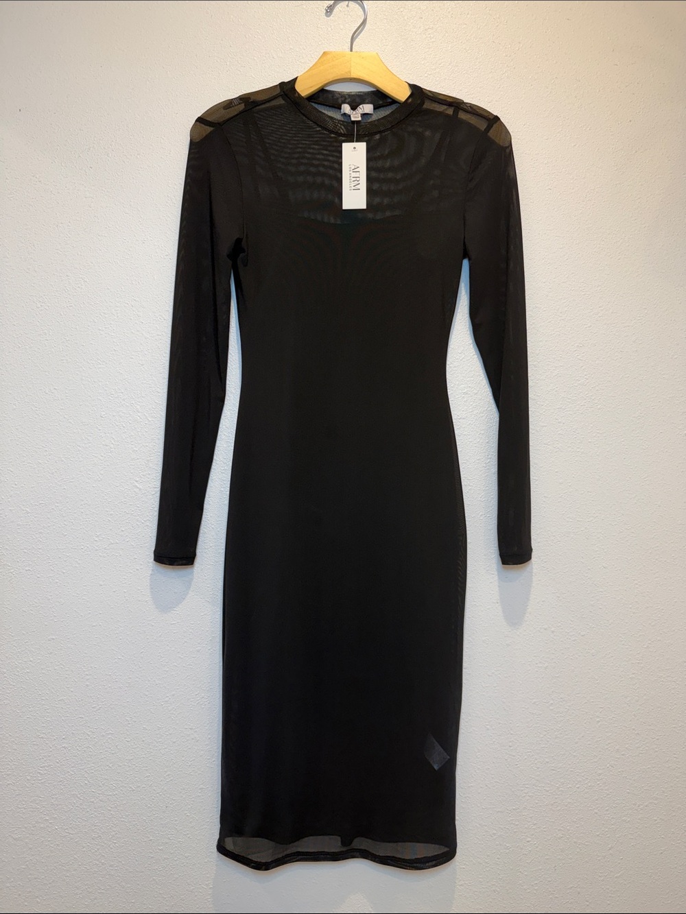 Afrm Mesh Midi Long-Sleeve Black Dress New With Tags Xs Bodycon